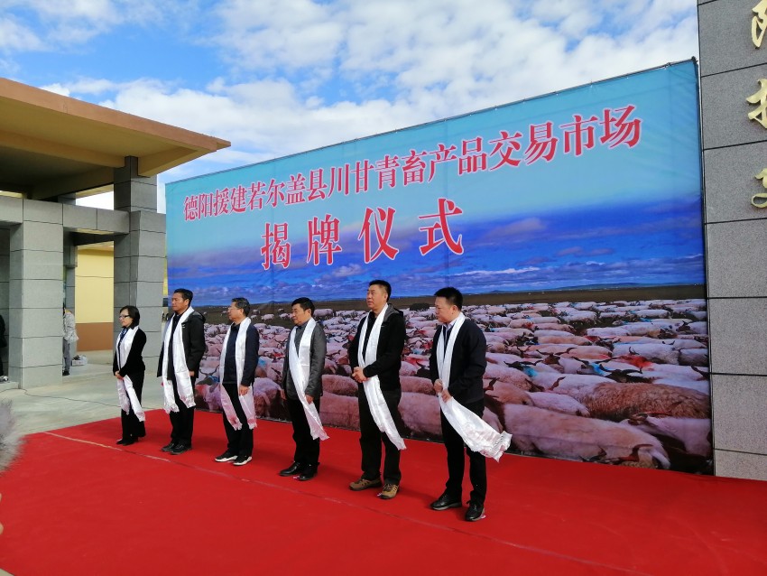 省國(guó)投公司投建的若爾蓋縣川甘青畜產(chǎn)品交易市場(chǎng)揭牌儀式。省國(guó)投公司供圖