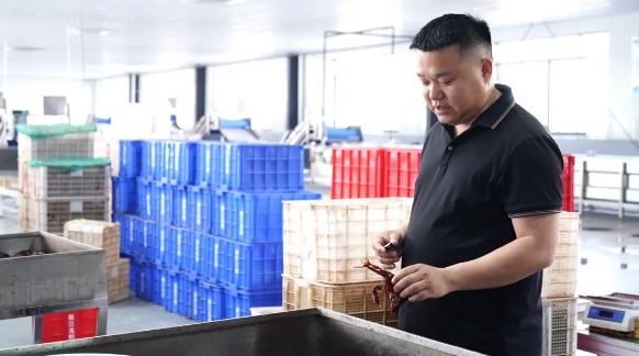 鄒富文查看小龍蝦。